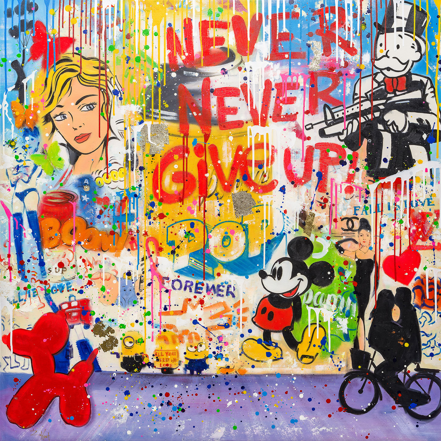 Never Never Give Up by Zac Kent – Bold, Pop Culture-Inspired Mixed Media Experience the dynamic energy of “Never Never Give Up,” a vibrant mixed-media artwork by Zac Kent. Bursting with iconic cartoon imagery, colorful drips, and uplifting text, it inspires hope and celebrates the fusion of pop culture, street art, and luxury references.